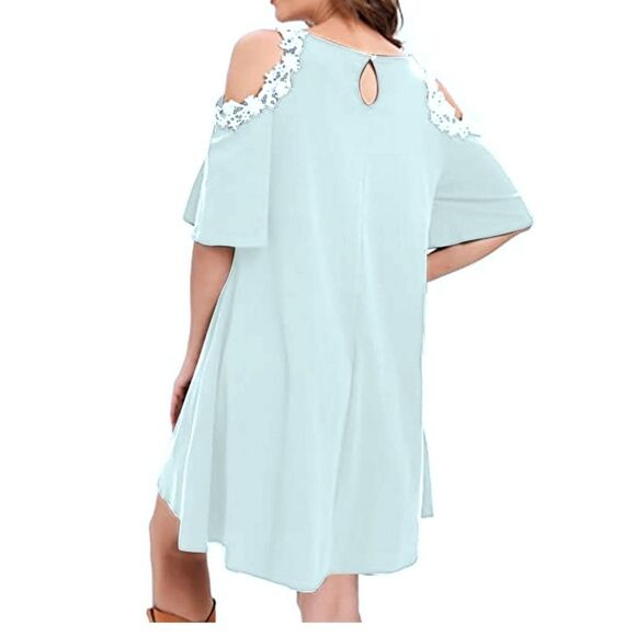 NWT Aofur Boho Chiffon Mini Dress, Cold Shoulder Crochet Lace Tunic - Picture 3 of 11